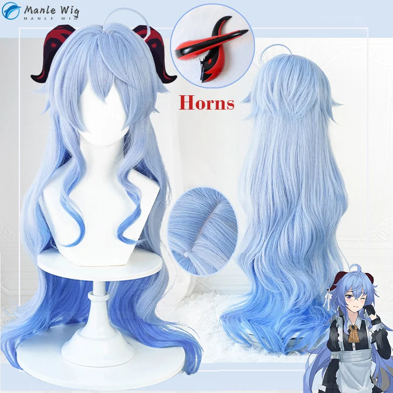 90Cm Ganyu Genshin Wig Ganyu Cosplay Pruik Blauw Gradiënt Krullend Haar Hittebestendige Anime Cosplay Pruiken + Pruik Cap