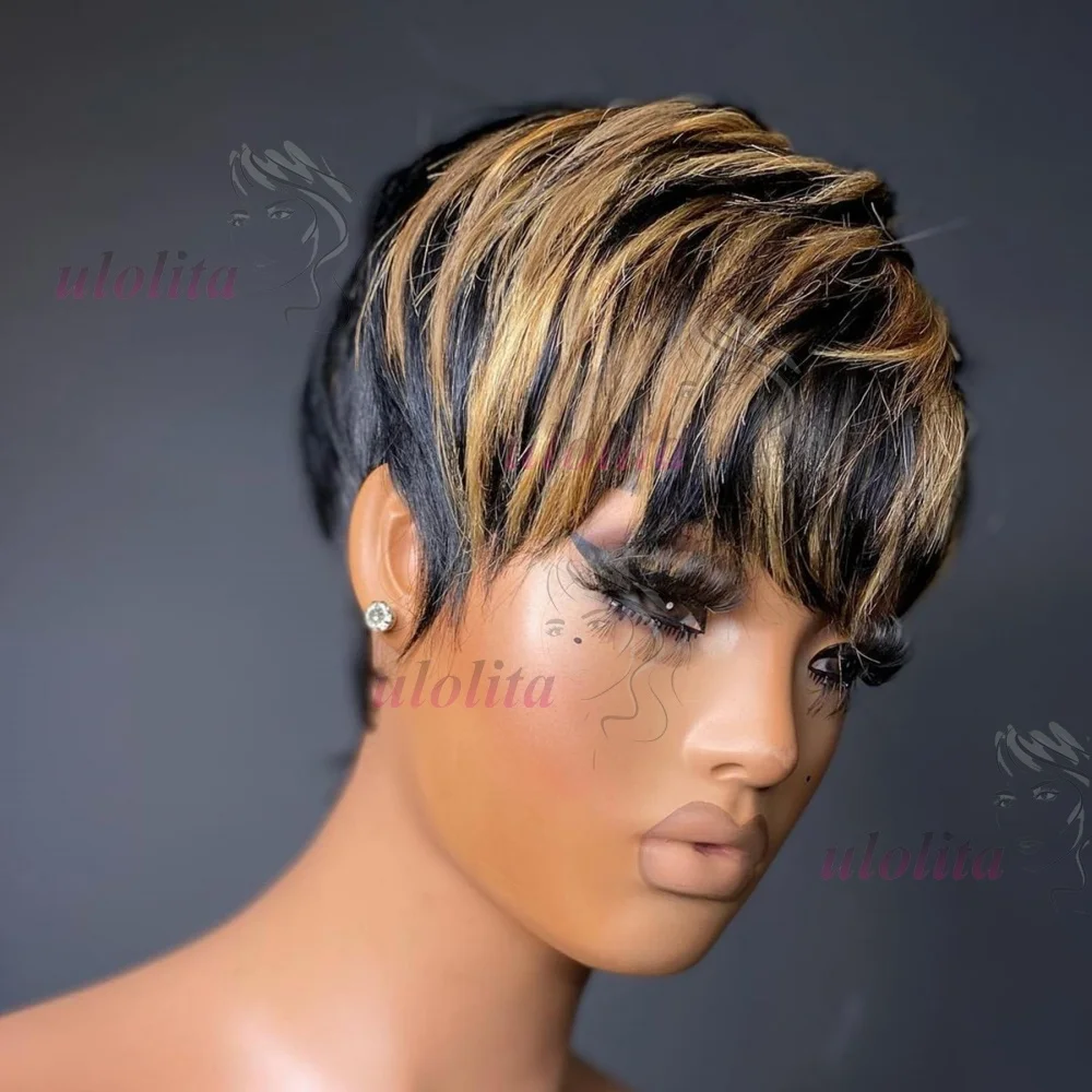 Kurze Echthaarperücke, vollständig maschinell gefertigte Perücke, gerade Pixie-Cut-Perücke aus Echthaar für Frauen, kurze Bob-Perücken mit Pony, Haarschnitt-Perücken – Detail 4