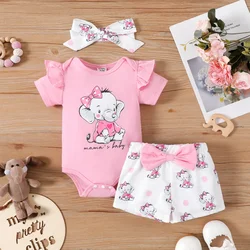 PatPat 3pcs Baby Girl Elephant Print Ruffle Short-sleeve Romper and Bow Front Shorts & Headband Set Suitable for Summer Season