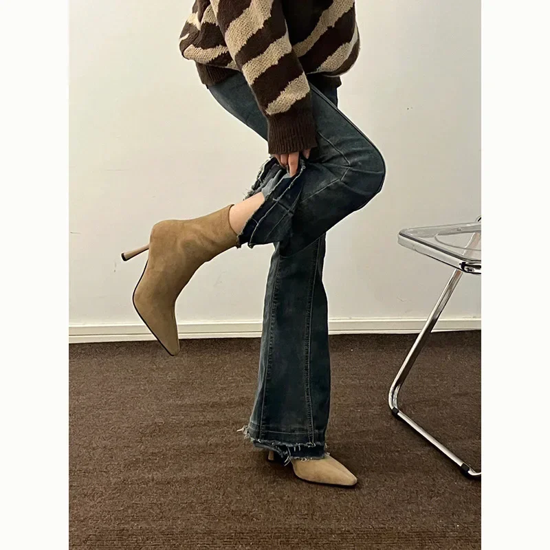 Boots for Women's Pointed Elastic Thin Autumn Kitten Heel Woolen Autumn and Winter New Woman Shoes Sock Booties Short Boots