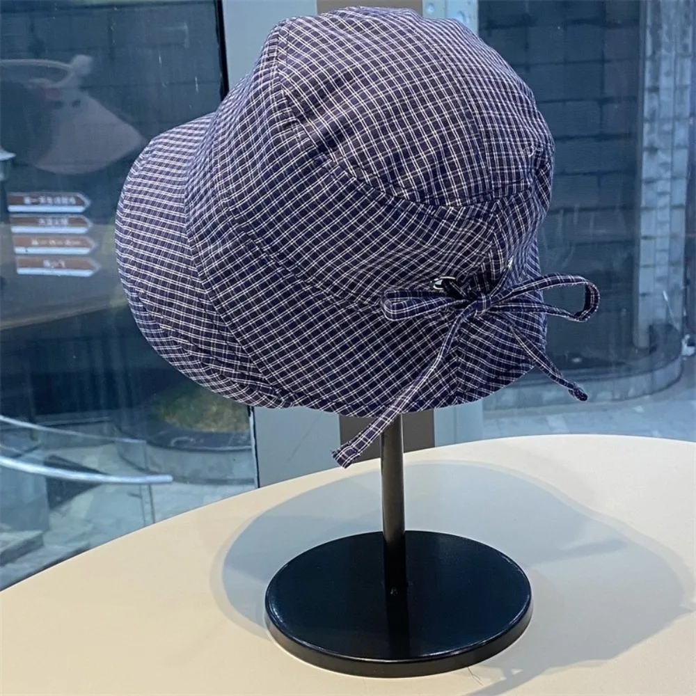 

Japanese Summer Plaid Bucket Cap Curled Quick-dry Plaid Sun Hat Foldable Bow Fisherman Caps Outdoor