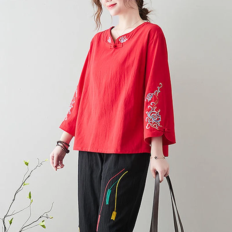 Women Clothing Vintage Embroidery Chinese Ethnic Style Tops Cotton Linen Blouses Spring Autumn Loose Shirt Blusa Mujer Moda 2023