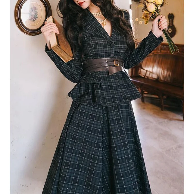 British Style Plaid Small Suit Big Swing Skirt Long Dress Two-piece Set 2025 New Temperament Wear A Complete Set