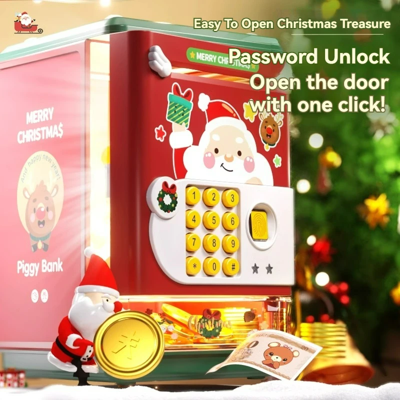 Christmas Piggy Bank Toy Electronic Mini ATM Savings Machine with Password & Fingerprint Unlocking Simulation Money Box Kid Gift