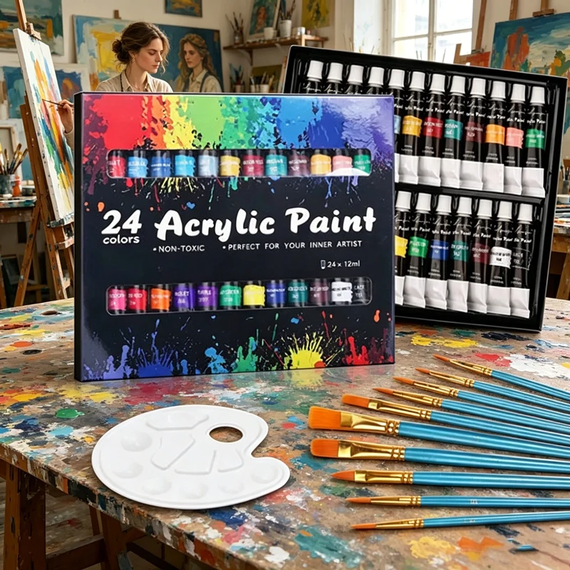 24 Farben Acrylfarben-Set, 12ml Tuben mit Professionellen Pinseln, Pigmente für Künstlerzeichnungen, Handgemalte Wand- & DIY-Kunst
