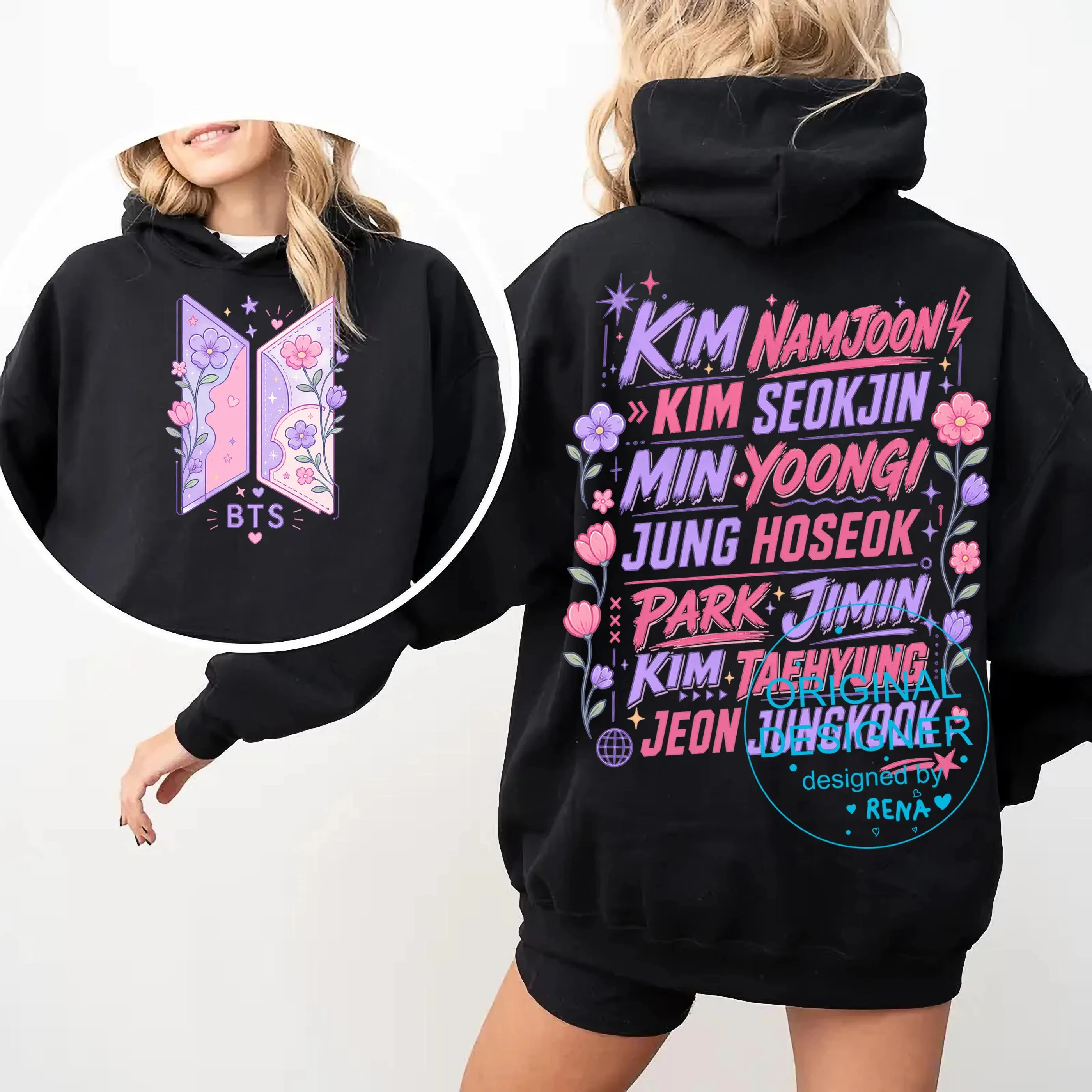 BTS Floral Member Name Hoodie Men Women Front Back Print Hooded Pullover Sweatshirt Kpop Fans Casual Streetwear Tops