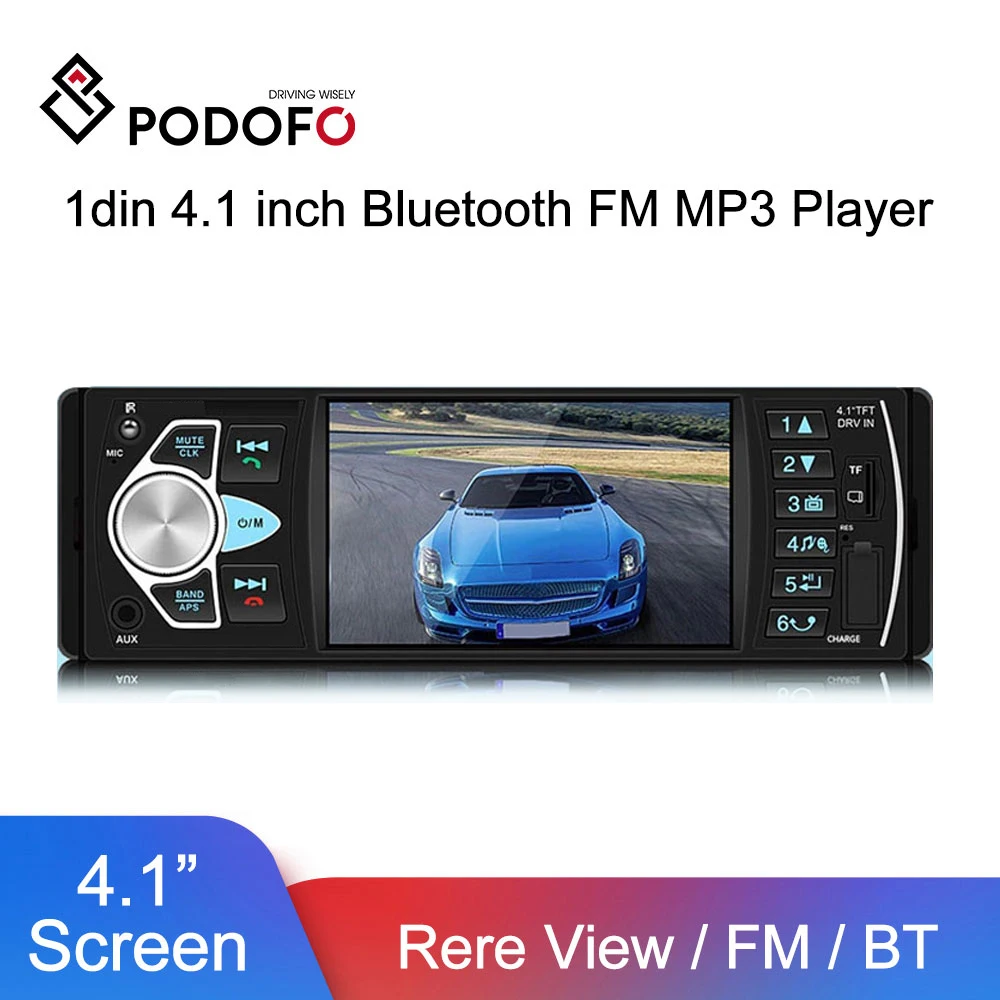 

Автомобильный радиоприемник Podofo 1din, стерео, 4,1 дюйма, Bluetooth, FM, MP3, Авторадио, мультимедийный плеер, 1 Din, аудио, стерео, USB, FM, резервный монитор