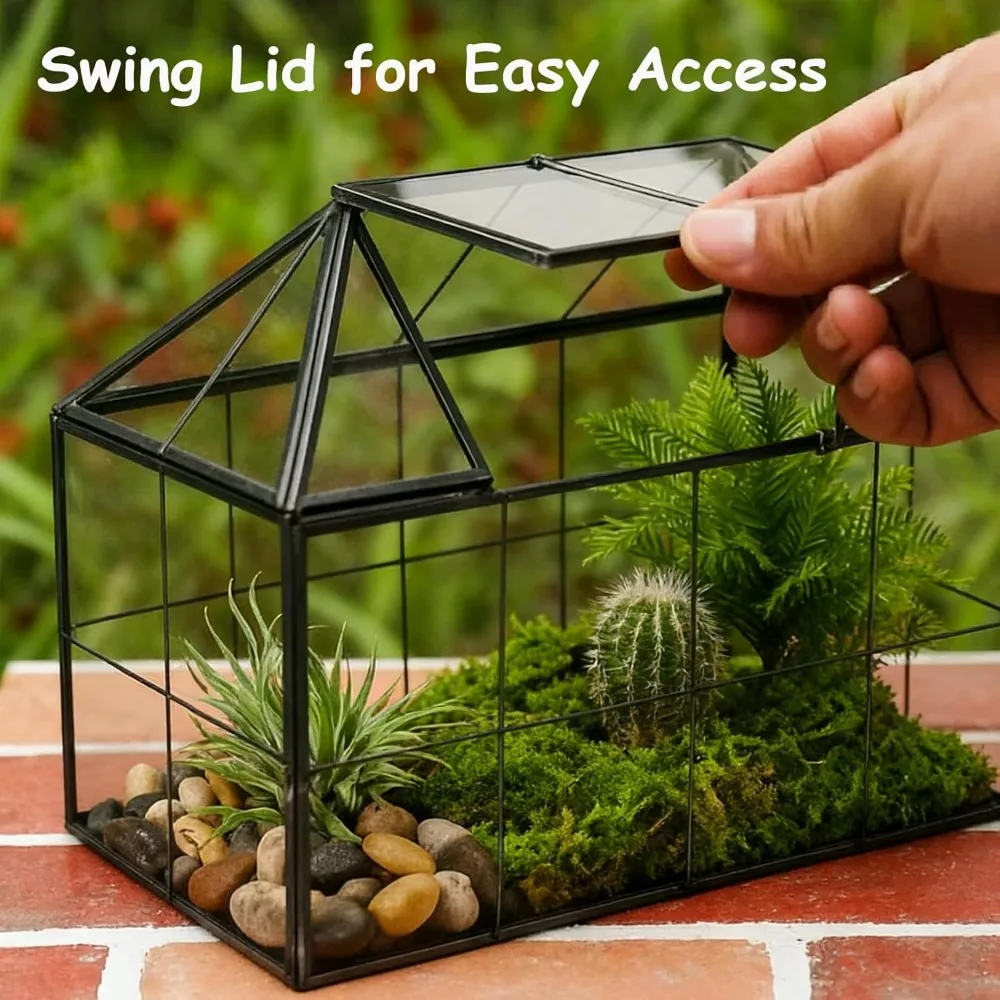 تررم زجاجي هندسي مع غطاء متأرجح - زارع على شكل منزل للعصارة والصبار والنباتات الهوائية