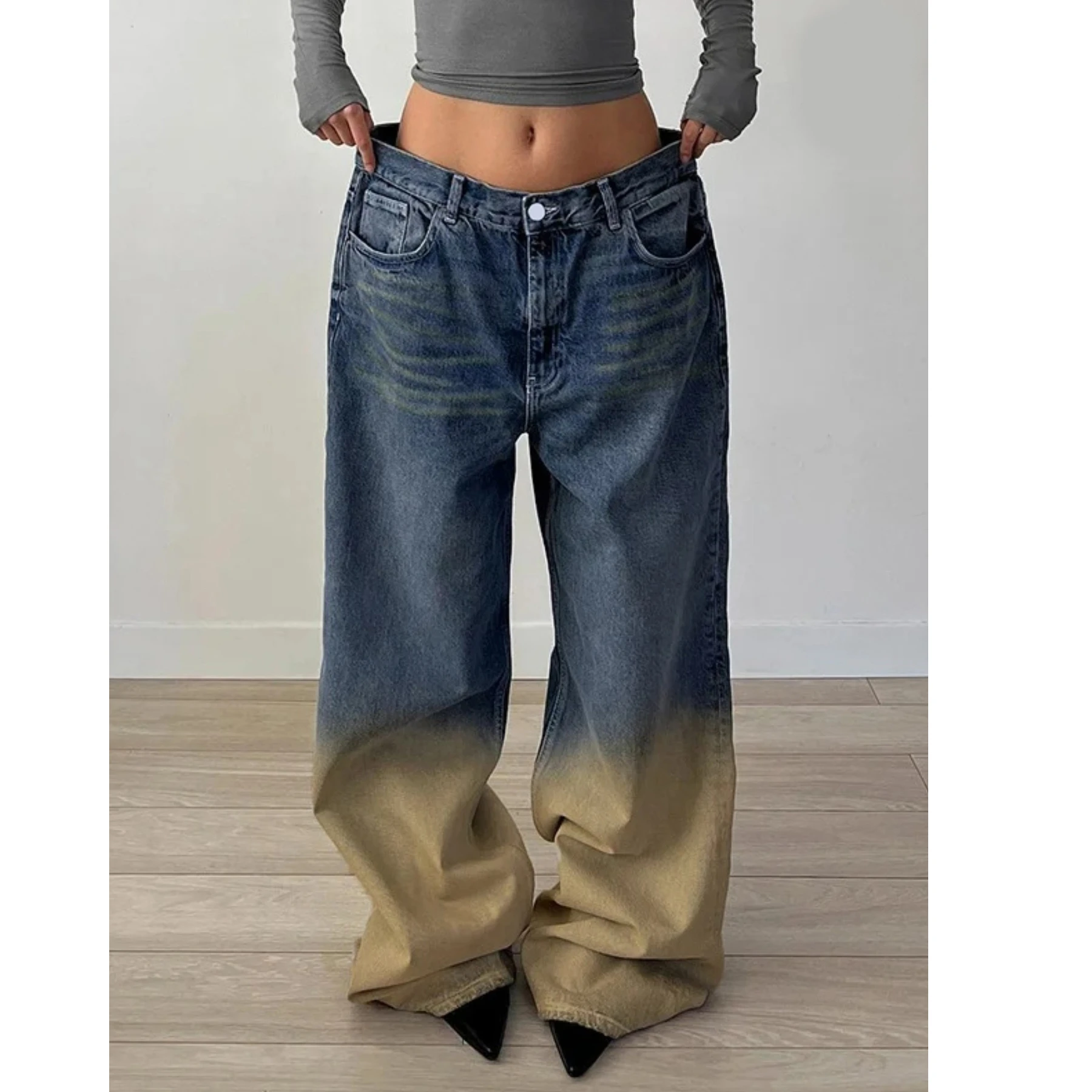 

Plus Size Woman Clothing Women Jeans New Fashion Casual Wide Leg Trousers Gradient Wash Cool Girl Simple Style