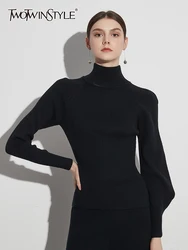 TWOTWINSTYLE Solid Minimalist Knitting Sweaters For Women Turtleneck Long Sleeve Slimming Temperament  Pullover Sweater Female