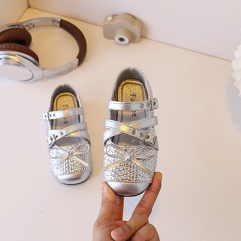 

2025 Autumn Silver Children's Leather Shoes fashion Bow kid’s Mary Janes shoes Soft-Soled Casual girl’s Princess Dance Shoes