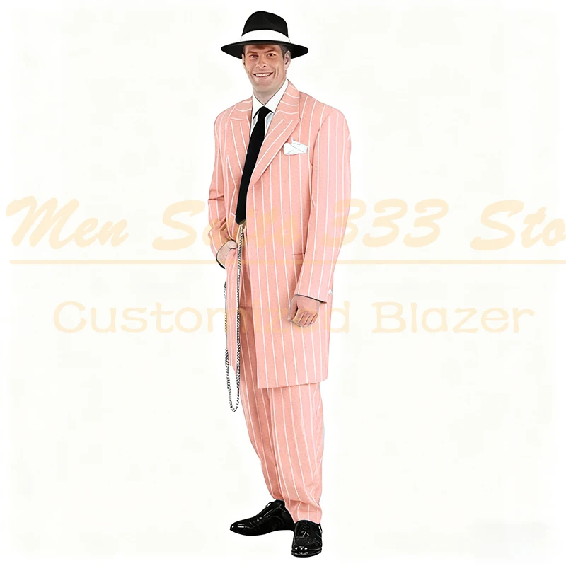 Mode krijtstreep herenpakken elegante enkele rij knopen notch revers lange blazer formele gelegenheid dagelijkse reis 2-prijs jas broek