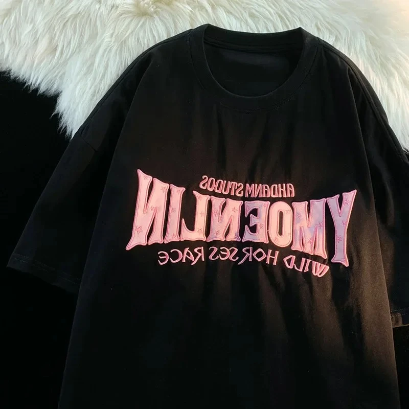 خمر النمط الأمريكي الشارع الطباعة قصيرة الأكمام تي شيرت للنساء العلامة التجارية العصرية نصف كم الخمول نمط أعلى الجرافيك تي شيرت