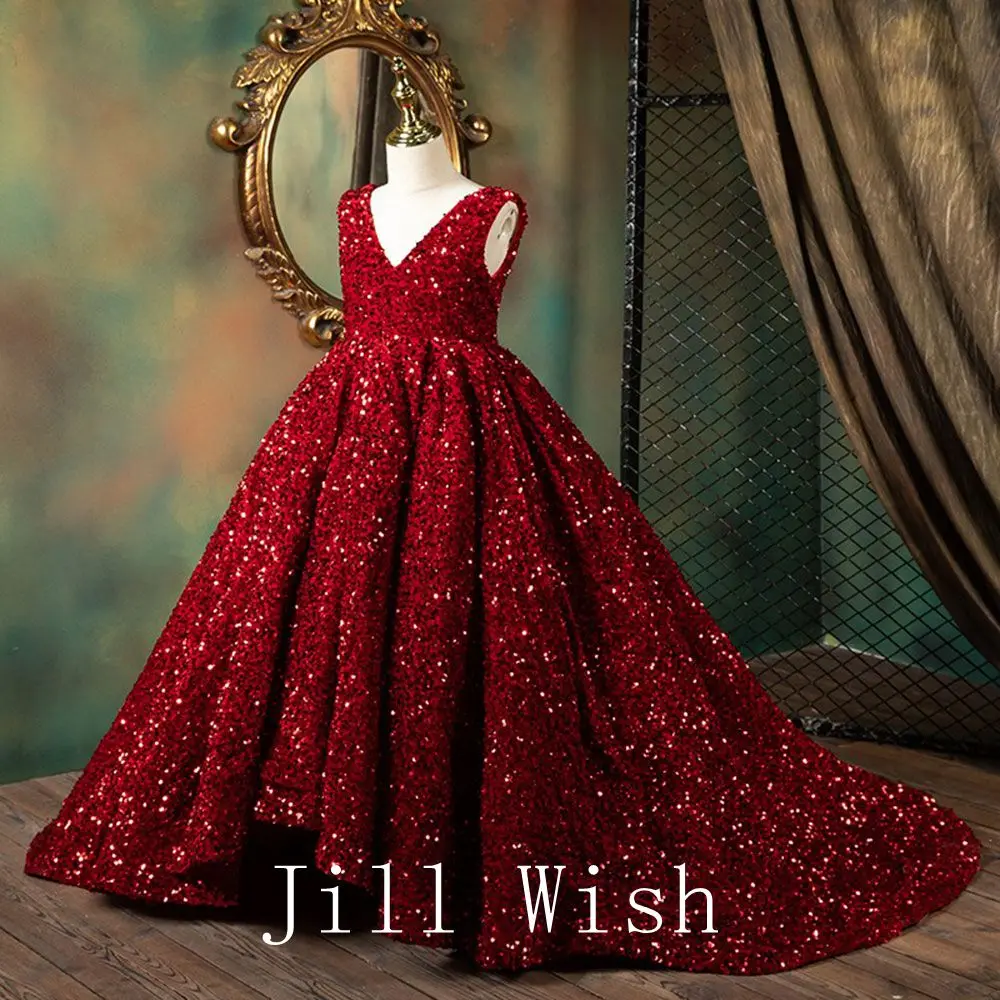 Jill Wish J087 Luxuriöses glänzendes Dubai-Mädchenkleid mit V-Ausschnitt in Burgunderrot, arabisches Prinzessinnenkleid für Kindergeburtstag, Hochzeit, Festzug