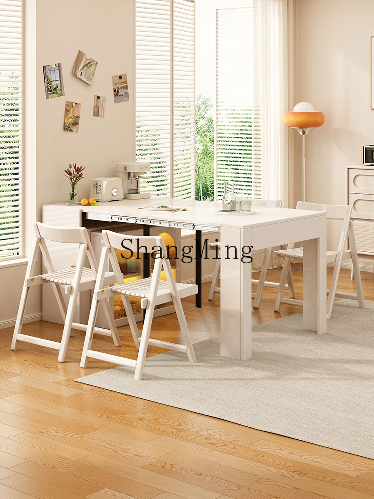 

ZYY Cream Wind Retractable Solid Wood Dining Table Integrated Island Platform Multifunctional Folding Dining Table