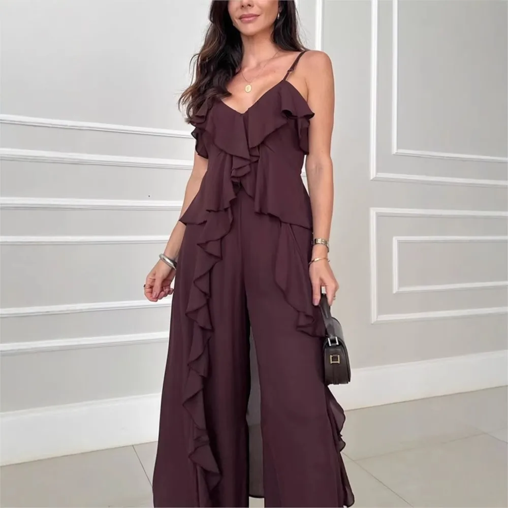 

Fashion Ruffled Strappy Off-the Shoulder Long Top Women Suit Summer Sexy Off The-shoulder Pocket Wide Trousers Female 2piece Set