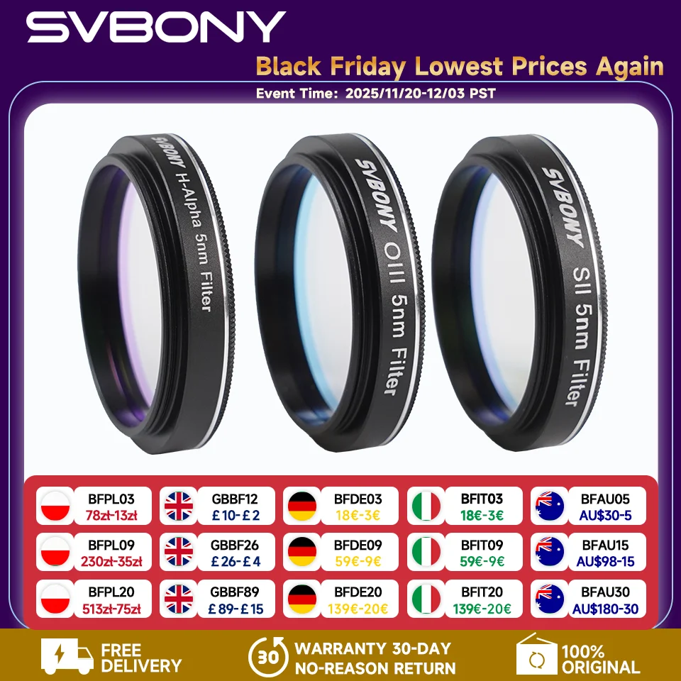 

Svbony SV227 1.25" 5nm Narrow-Band Filter Kit H-Alpha SII-CCD OIII-CCD SHO for DSO Mounted Deep Sky Observing Light Pollution
