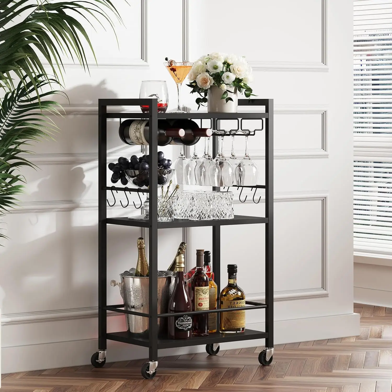 3-Tier Rolling Bar Cart with Wine Rack and Glass Holder, Brown Home Serving Cart for Living Room