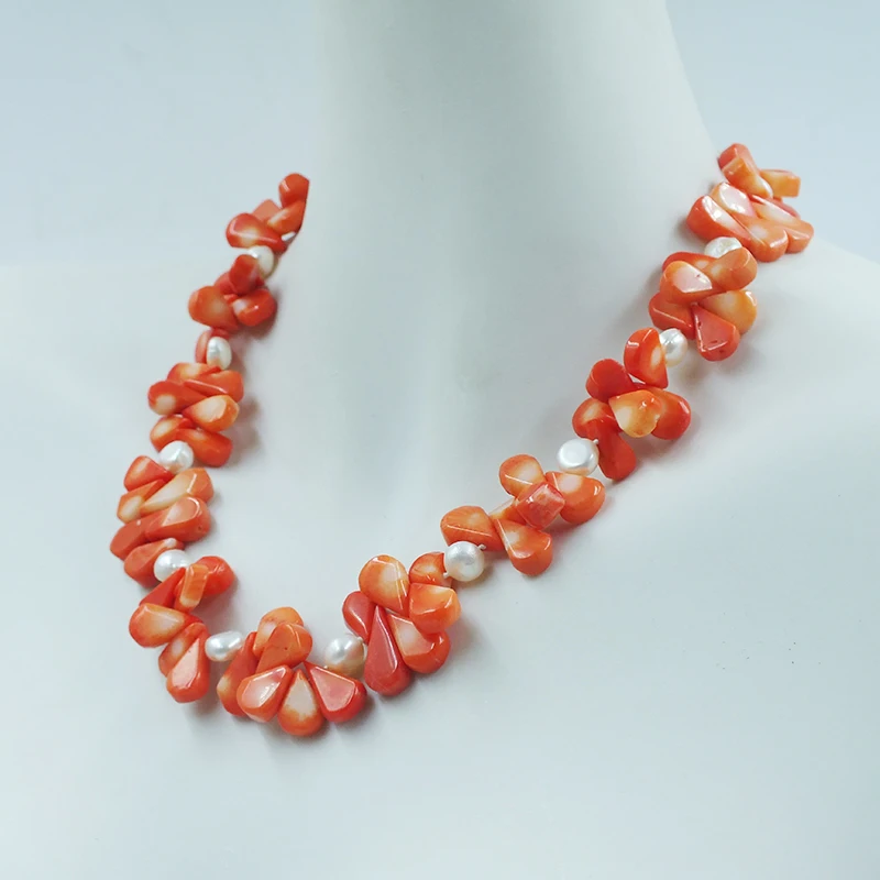 Very exquisite. Natural orange sea bamboo coral/pearl necklace. Charming Women's Birthday Jewelry 46CM