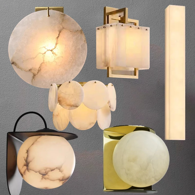 

All Copper Natural Marble Wall Sconce Lamps Luxury TV Background Sofa Bedside Decoration Wall Light Round
