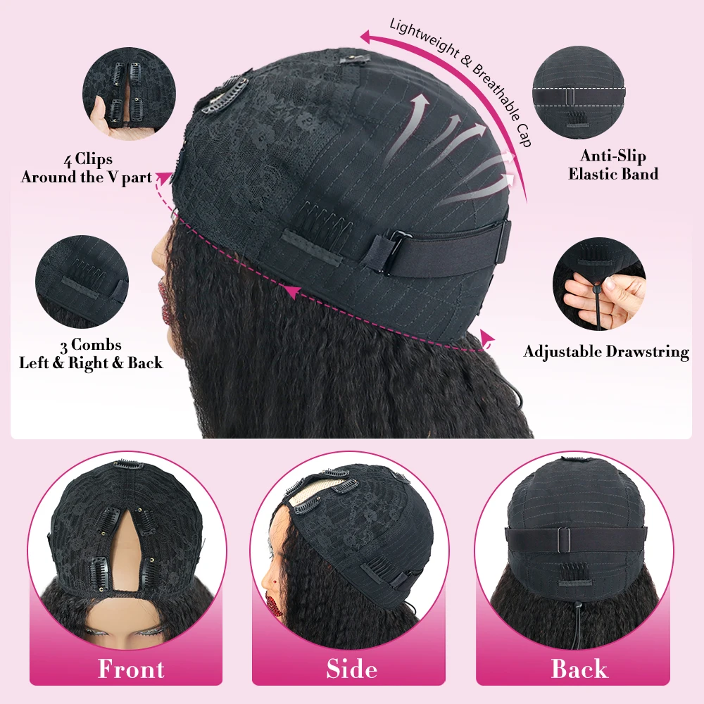 220 Dichte, lockige, gerade V-Part-Perücke, maschinell hergestellt, aus Echthaar für Damen, mit Kordelzug, verbessert, kein Ausfallen, kein Einnähen, natürliche Farbe – Detail 3