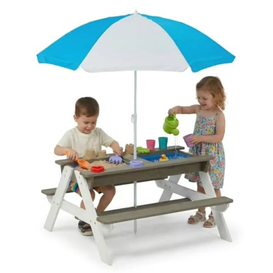 Outdoor kids picnic table, 3-in-1 wooden sand and water activity table with 2 removable boxes umbrella, natural wood finish, du