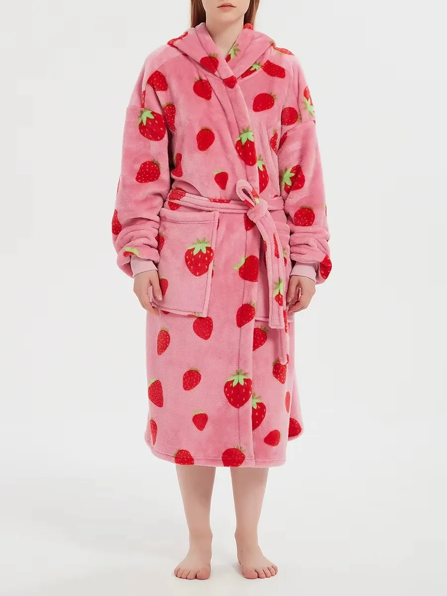 Strawberry Print Women's Bathrobe Flannel Long Sleeve Winter Ladies Dressing Gown Kimono with Sashes Hooded Plush Bath Robe