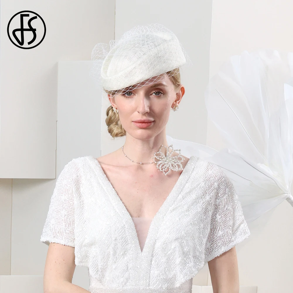 FS 2024 Elegant Sinamay Beret Beige Hats Fascinators For Women With Veil Wedding Formal Dress Cap Mesh Cocktail Party Millinery