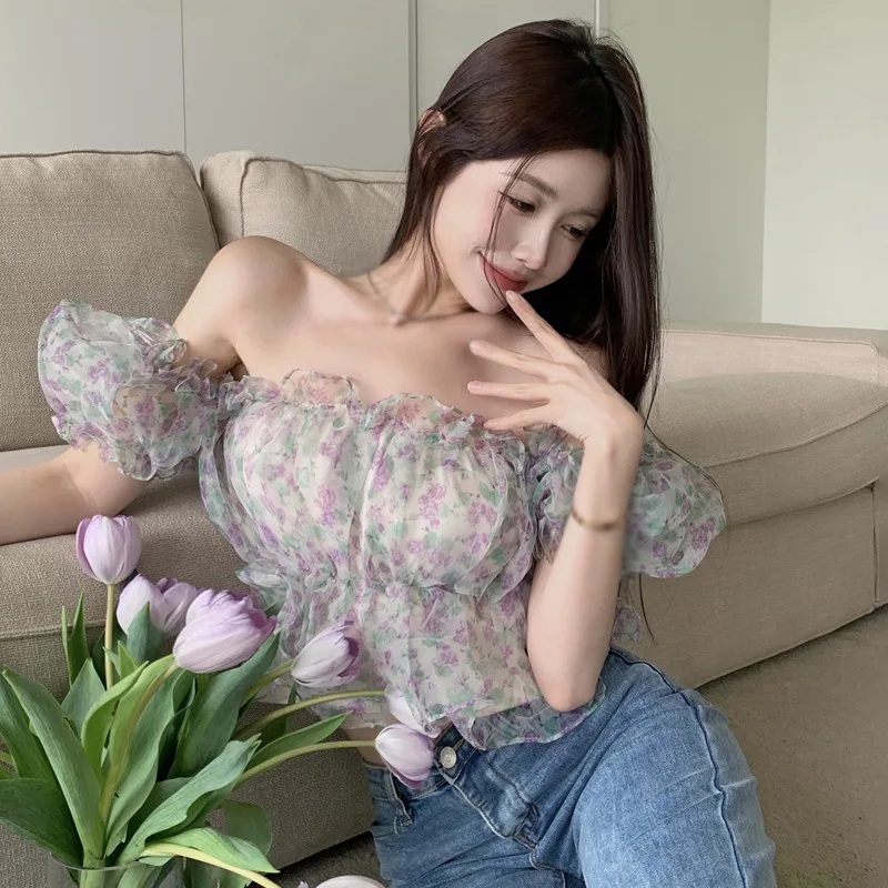 Women\'s Off Shoulder Blouse Ruffle Hem Sexy Bodycon Flower Print Sweet Summer Outfit Elegant Spring Summer Chiffon Shirt Top