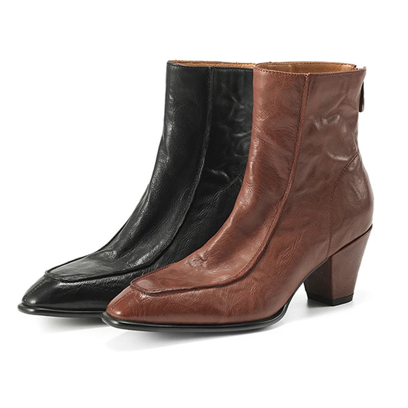 

Women Ankle Boots Luxury Soft Washed Sheepskin Ankle Boots Cowhide Lined Leather Heel 6CM Black Brown Fashion Boots QY2