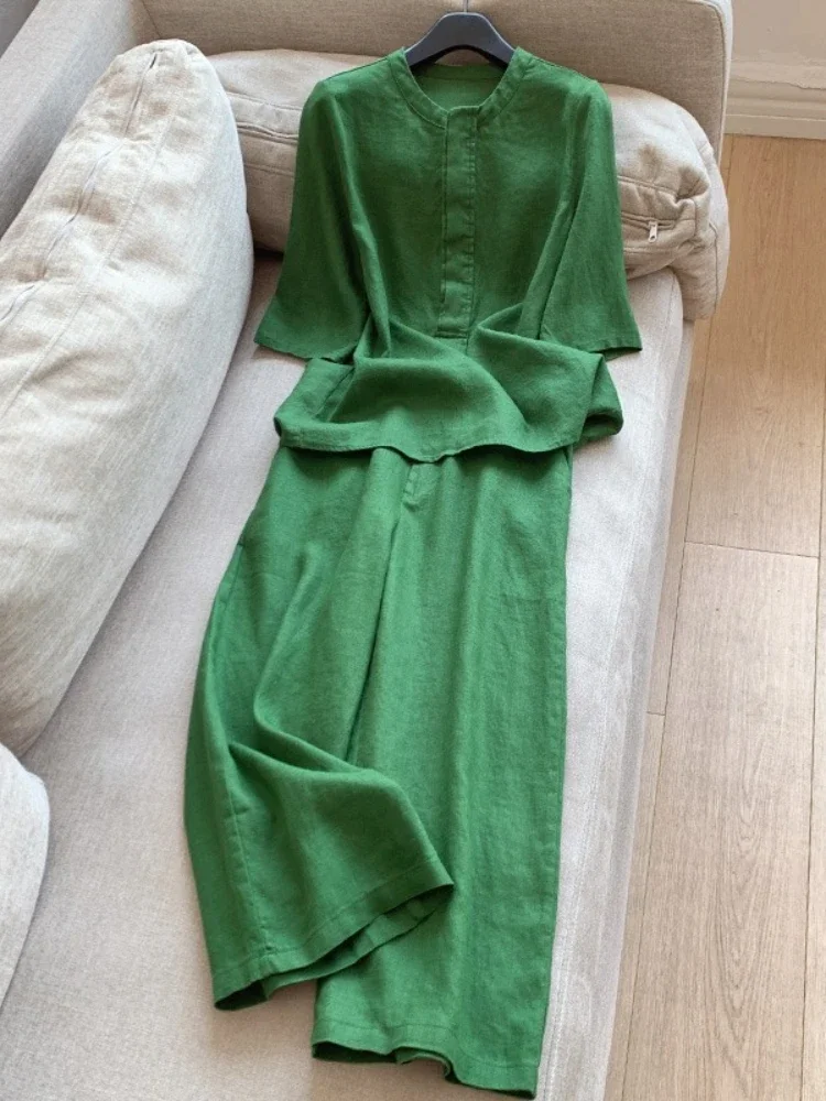 

Summer Solid Color Women 2 Piece Sets Elegant Simple Cotton and Hemp Suit Casual O-neck 3/4 Sleeve Long Pants Two Piece Set