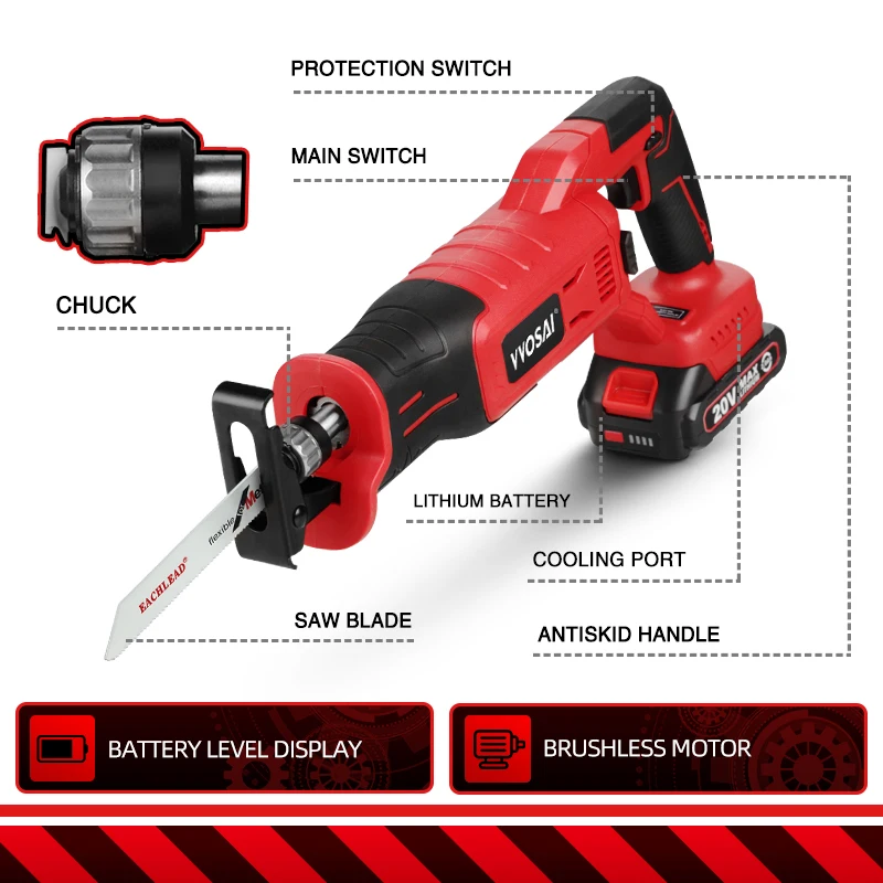 VVOSAI MT-Series 20V Brushless Electric Saw 3500 SPM Motor Metal Wood Cutting Tool Variable Speed Cordless Reciprocating Saw