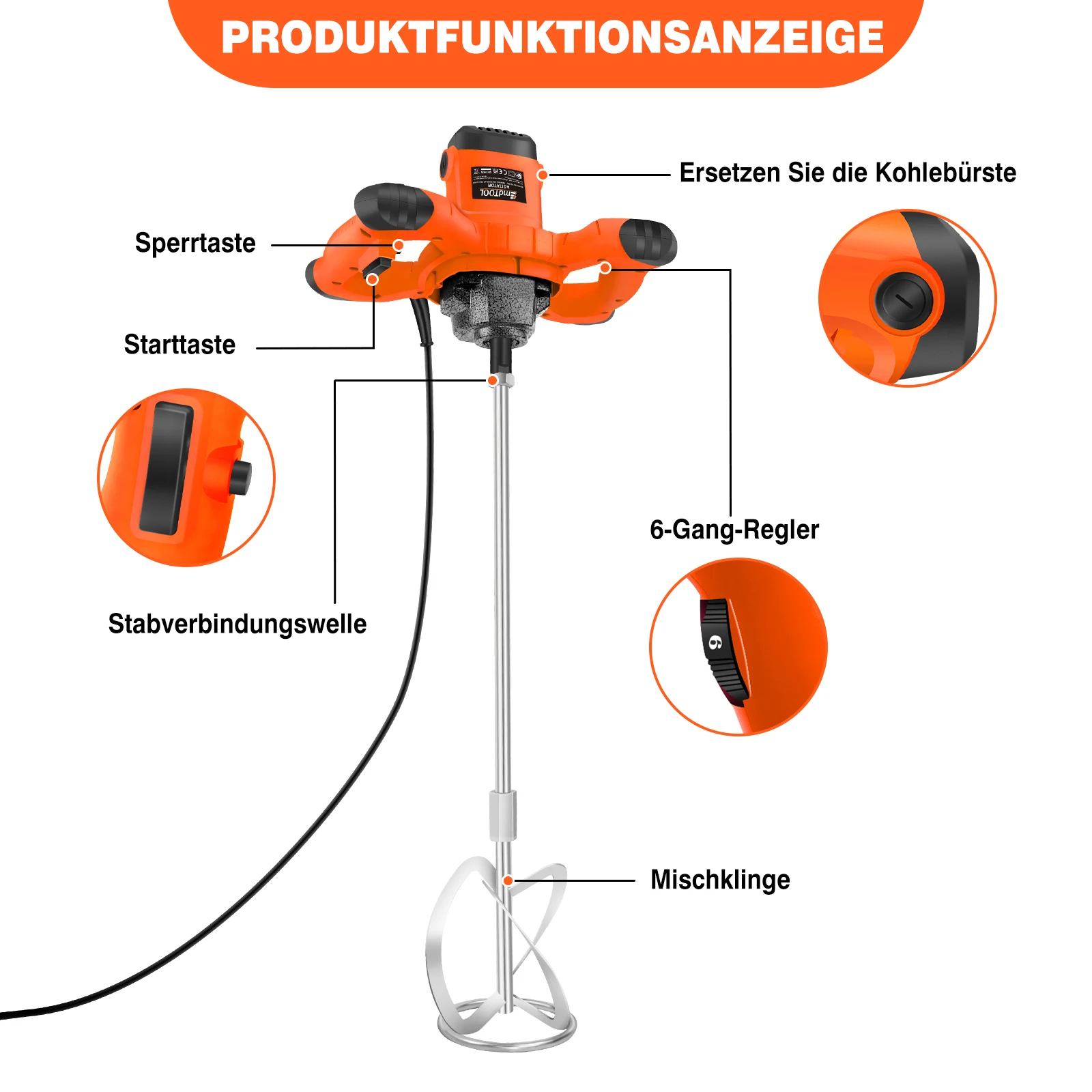خلاط أسمنتي معدني بقدرة 3000 وات 6 سرعات، أداة خلط جص هاون الطلاء الكهربائي، مجداف تقليب قضيب حلزوني M14