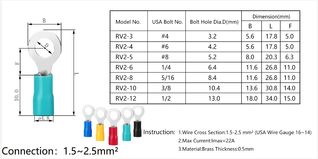 50PCS RV2-3/4/5/6/8/10/12 AWG 16-14 1.5mm²~2.5mm²  Ring Insulated Terminal Eyelet Circle Ferrule Cable Lug Brass Wire Connector