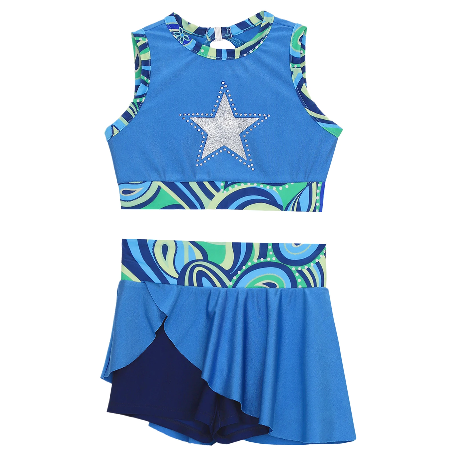 

Одежда для гимнастики и балета для девочек, майка без рукавов с принтом и спортивной юбкой, танцевальная одежда для черлидинга, спортивная одежда, купальники