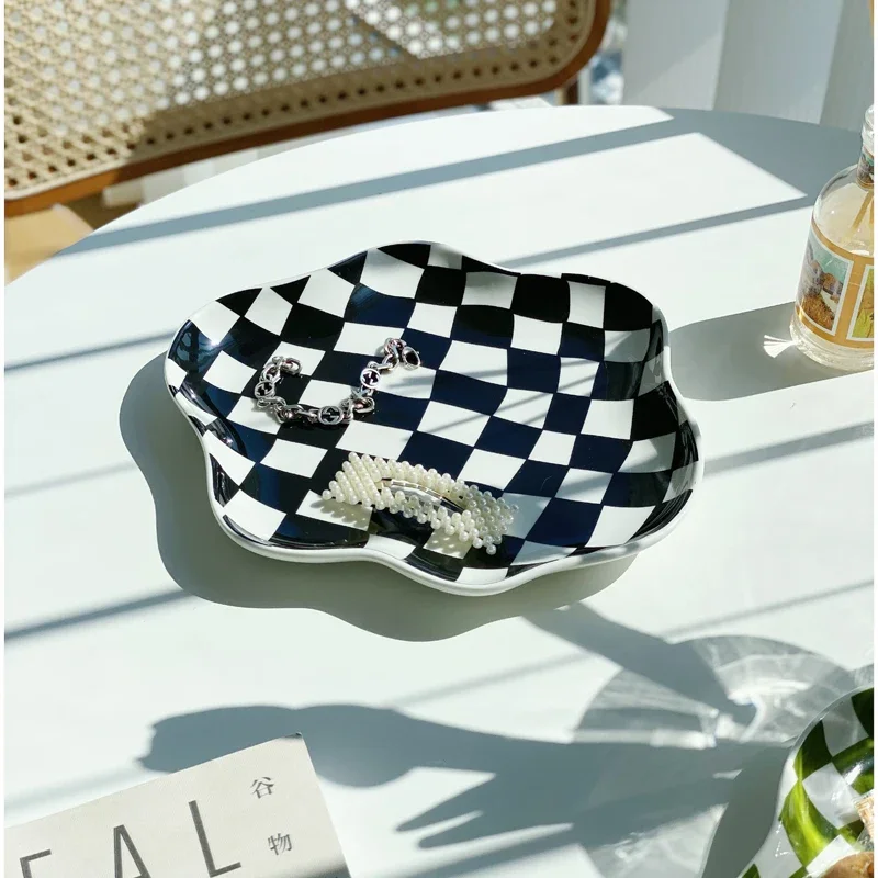 European Chessboard Ceramic Plate Black and White Checkered Irregular Tableware Dinner Plate Dinner Set Plates and Dishes Tray