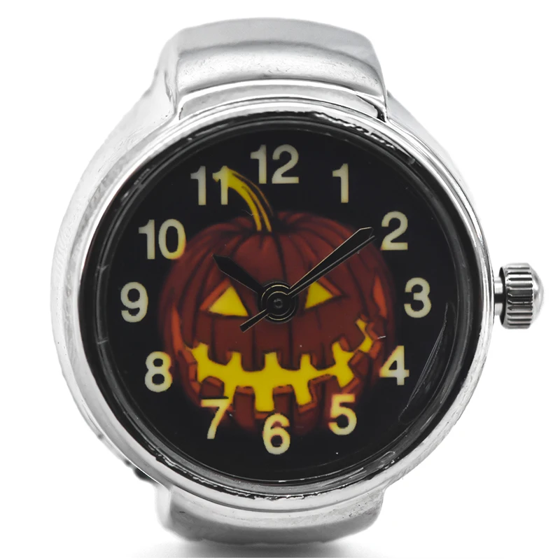 Creative Pumpkin Ghost Literal Personality Quartz Ring Watch Alloy Round Dial Unisex Christmas Gift Fun Watch