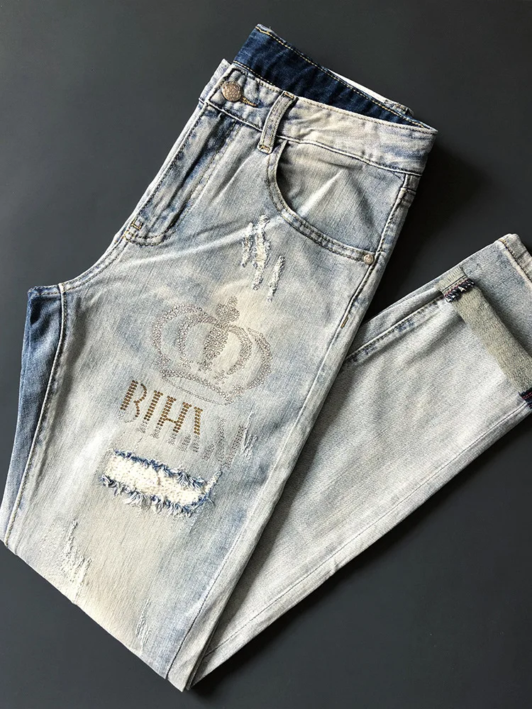 

2025 New Jeans Men's Summer Thin Trendy Brand Water Diamond Printed Hole Light Blue Slimming Small Leg Pants