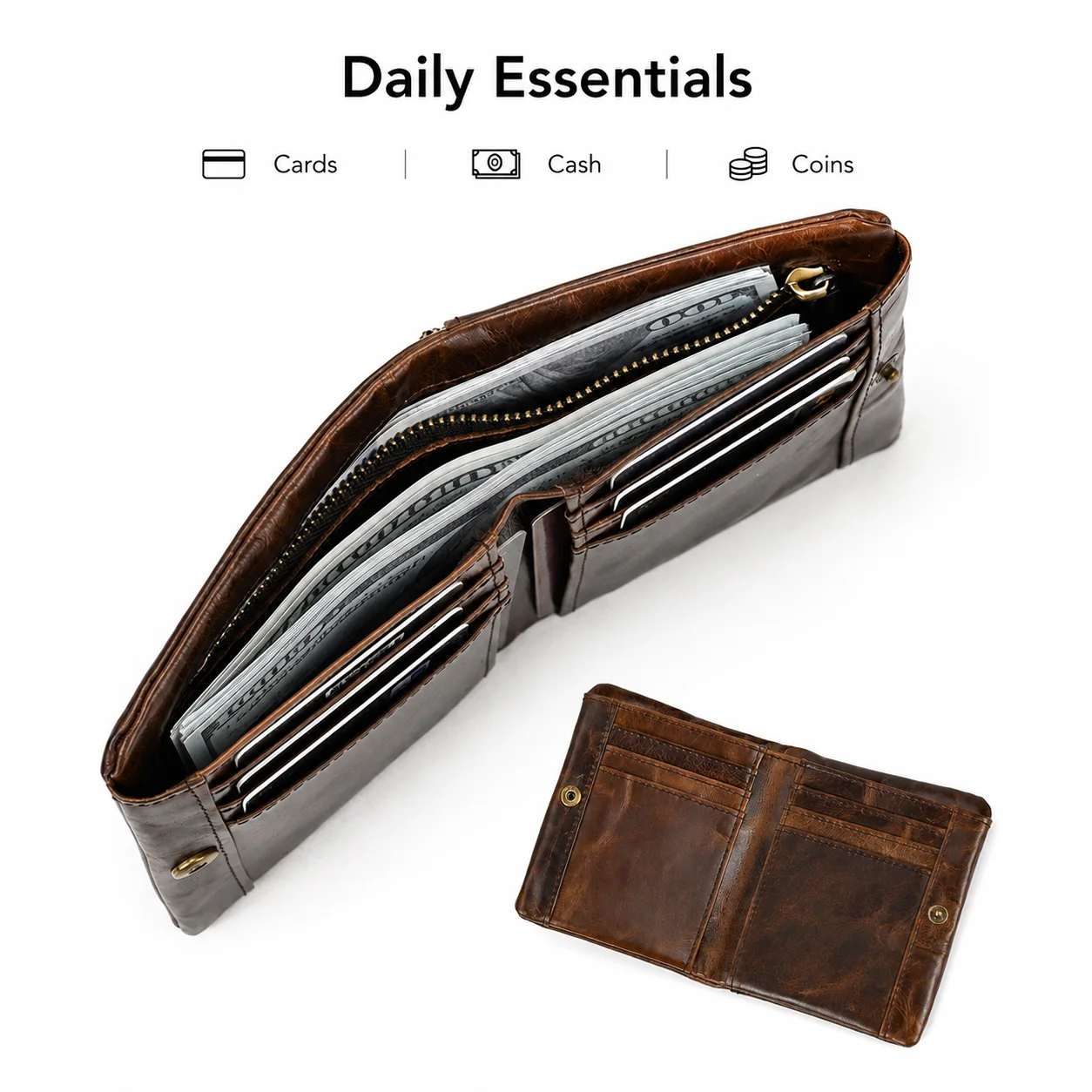Men's RFID Cowhide Card Holder Wallet with Coin Purse description 2