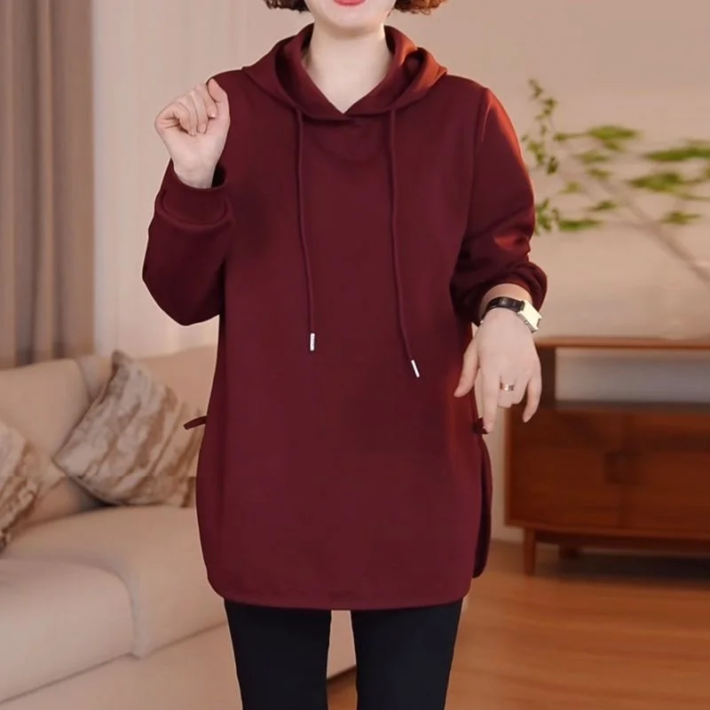 Casual Hooded Mid-length Sweatshirt Women in Autumn New Loose Slim Solid Color Fashion Top
