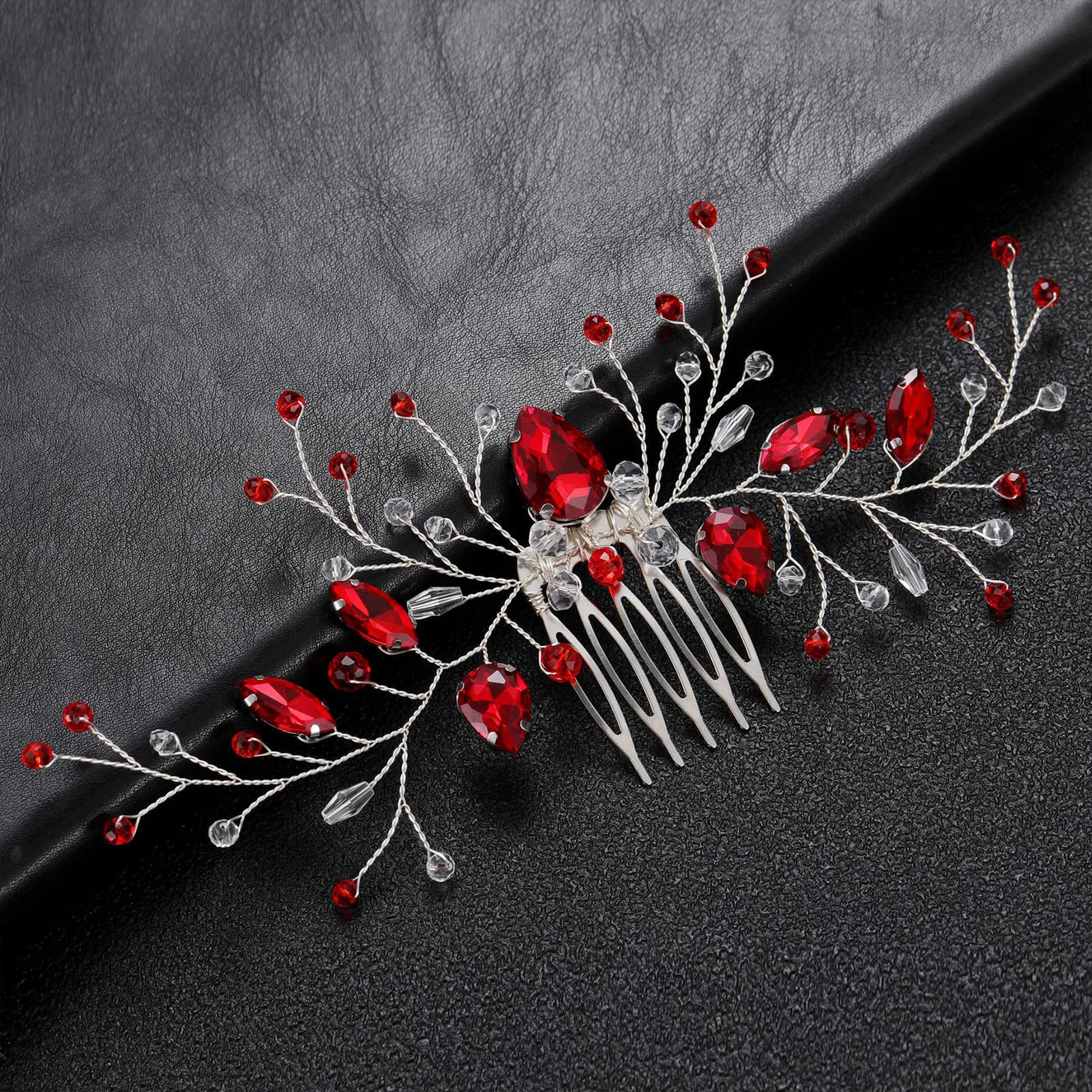 Wedding Hair Combs Hair Accessories Red Color Rhinestone Hairpins Clips Silver Color Metal Headpieces for Bride Novia Jewelry
