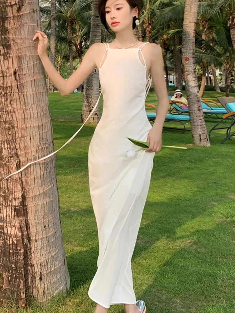 

French Style White Womens Dresses Elegant Slash Neck Sleeveless Evening Party Long Dress Summer Holiday Robe Female Clothing New