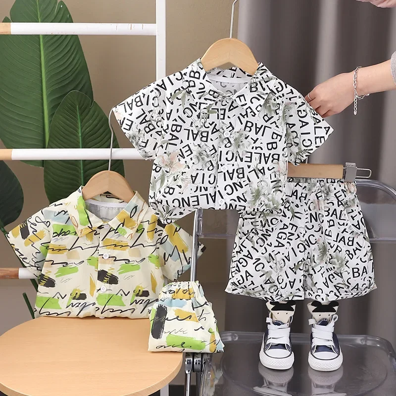

New Summer Kids Clothes Set Cute Graffiti Letters Boys Shirt + Shorts Children Thin Style Outwear 2PCS