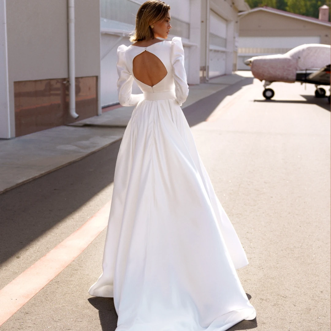 Maßgeschneidertes einfaches Hochzeitskleid mit hohem Schlitz für Damen, A-Linie, V-Ausschnitt, Brautkleid, volle Ärmel, Gürtel, Strand, Sweep-Zug, Robe De Mariée