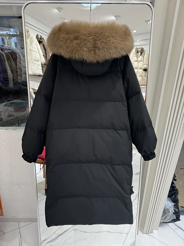 90% eendendons jas donsjack dames luxe bovenkleding lange puffer jas warme vrouwelijke pluizige parka's losse 2025, echte vossenbontkraag