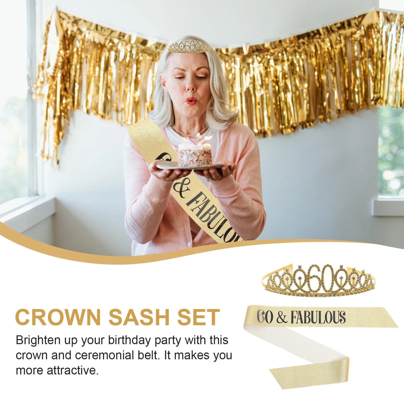 

1Set Birthday Party Crown Set 60Th Birthday Sash for Women Decorative Shoulder Strap 60 Years Old Celebration Accessories Shiny
