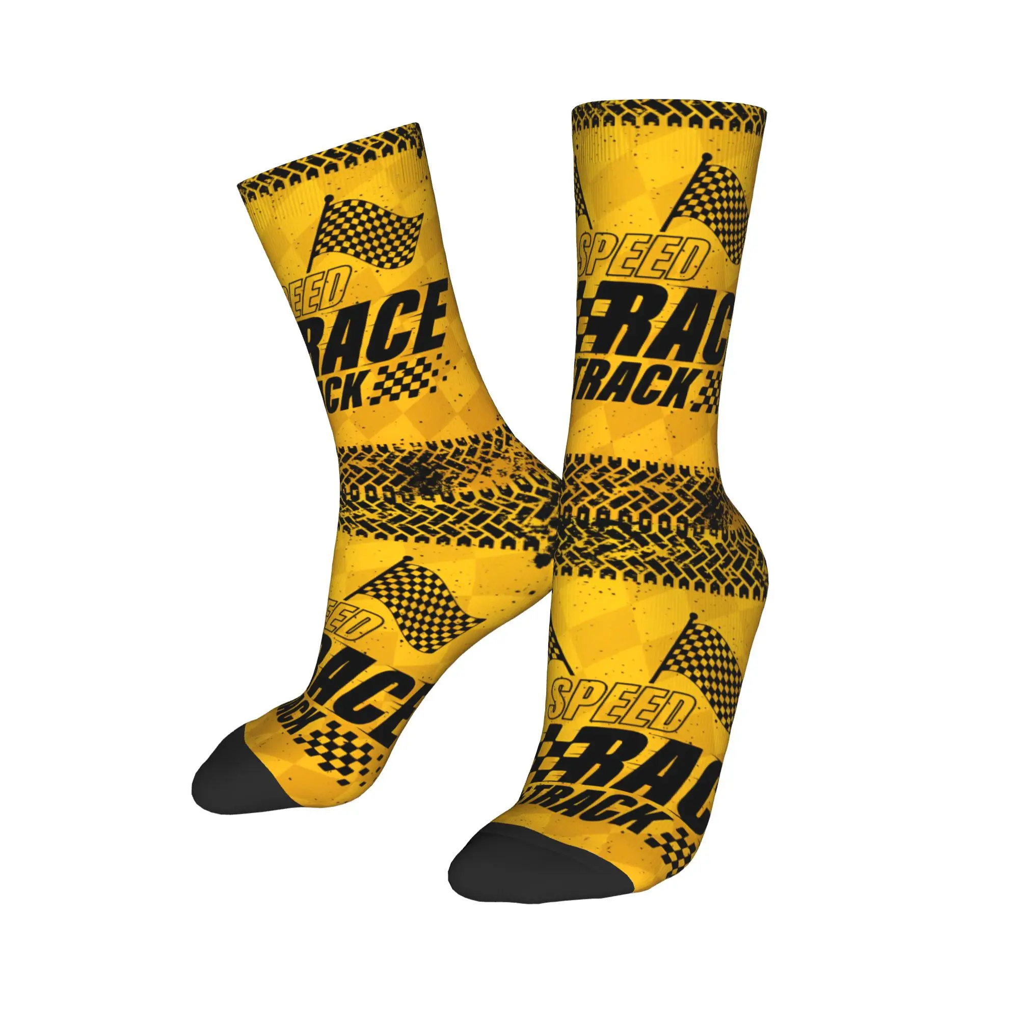 Calcetines de vestir a cuadros personalizados Racing Speed Rally Race para hombre y mujer, calcetines cálidos y divertidos novedosos para Moto Crew