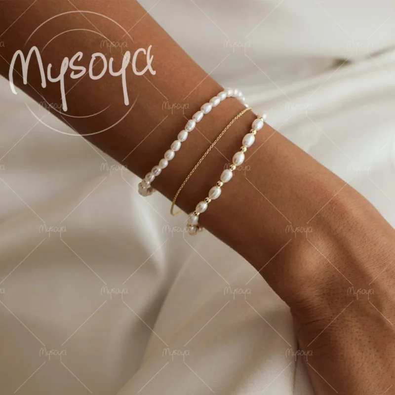 

MYSOYA 5-6mm White Rice-shaped Freshwater Pearl Three-layer Bracelet, with Gift Box, Birthday, Wedding, Mother's Day A0184