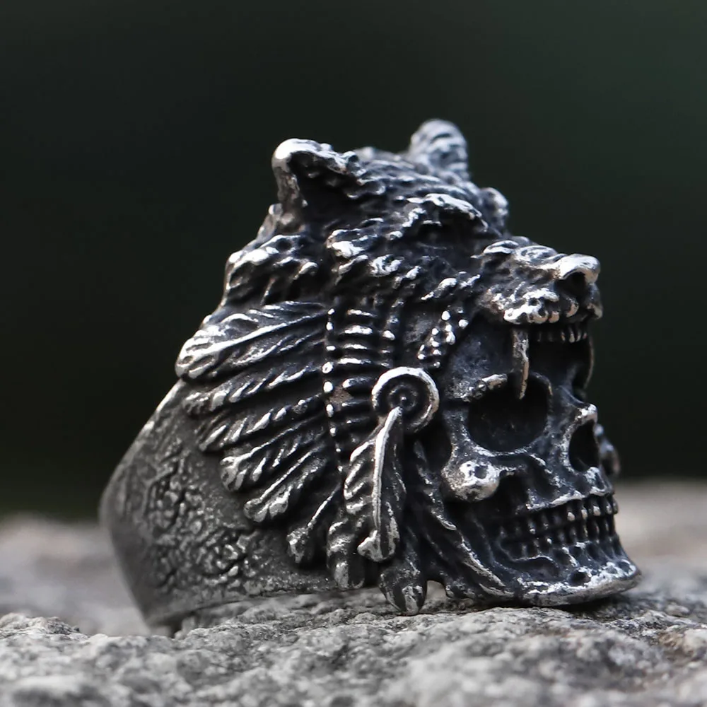 2023 new New Design vintage Stainless Steel skull and Wolf Head viking Ring For Men Special Design fashion punk Jewelry