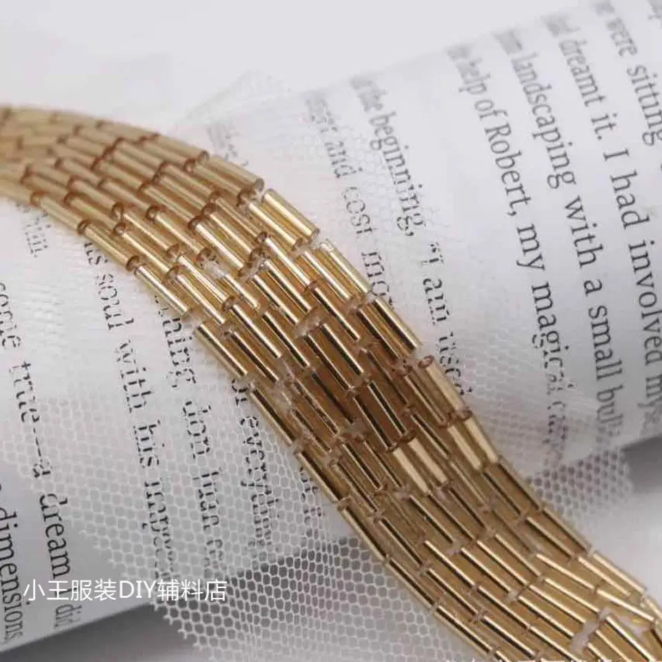 1Yard Champagne Heavy Handmade Beaded Lace Ribbon Tape Trim Embroidered Collar Decoration African Net Cord For Sewing